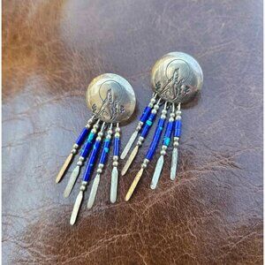 Vintage Quoc Turquoise Sterling Silver Earrings with Azurite Fringe Howling Wolf
